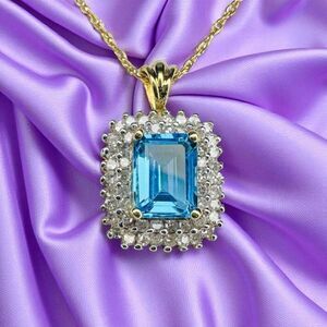 10K Gold - Blue Topaz & Natural Diamond Necklace -18" - Double Halo Diamond 3.1g